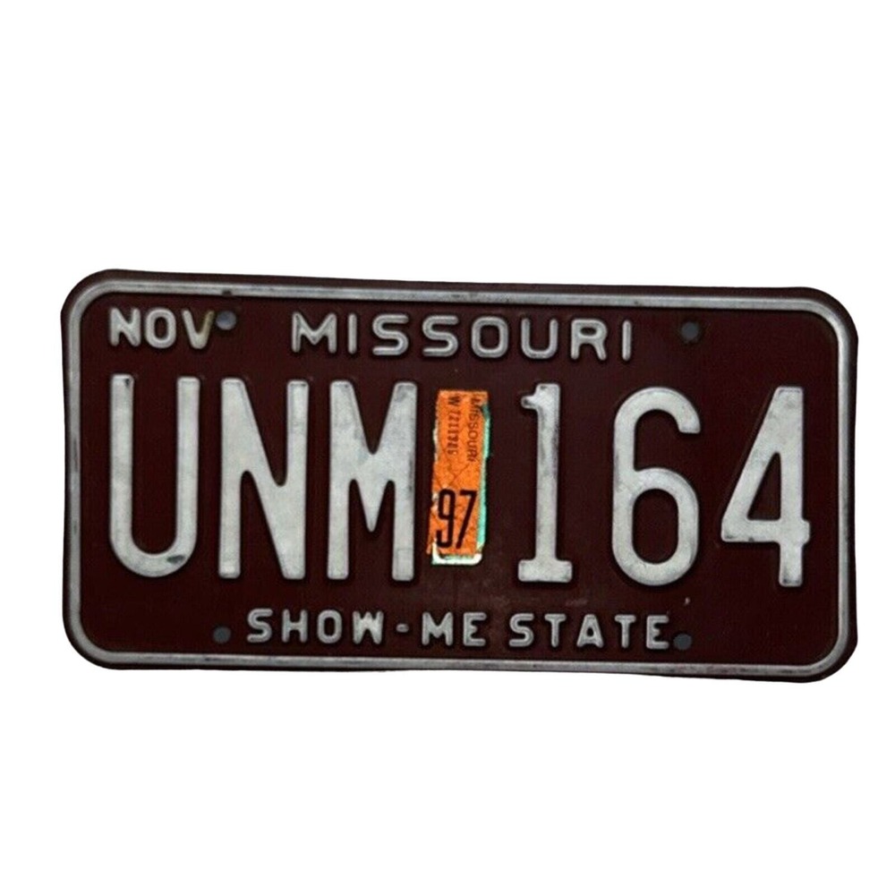 Vintage Missouri License Plate Show-Me State Maroon UNM 164 Nov 1997 Metal MO